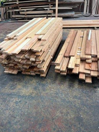 95mm x 25 mm redwood and pitch pine boards machined from reclaimed beams